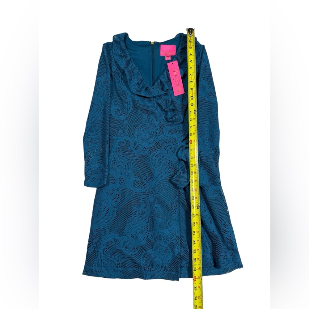 Lilly Pulitzer Tiki Wrap Ruffle Romper Sz XS Inky Teal Lace Long Sleeve NWT $198 - Picture 3 of 10